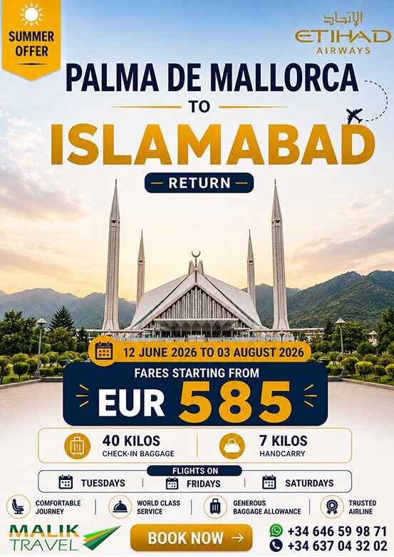 Palma de mallorca to Islamabad with Malik Travel From €585